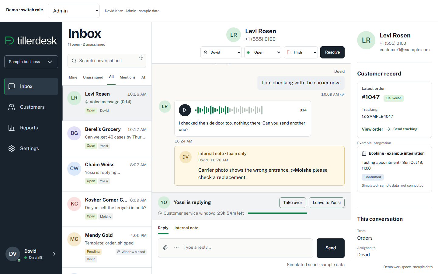 Tillerdesk shared inbox, showing conversations, ownership, and a customer conversation